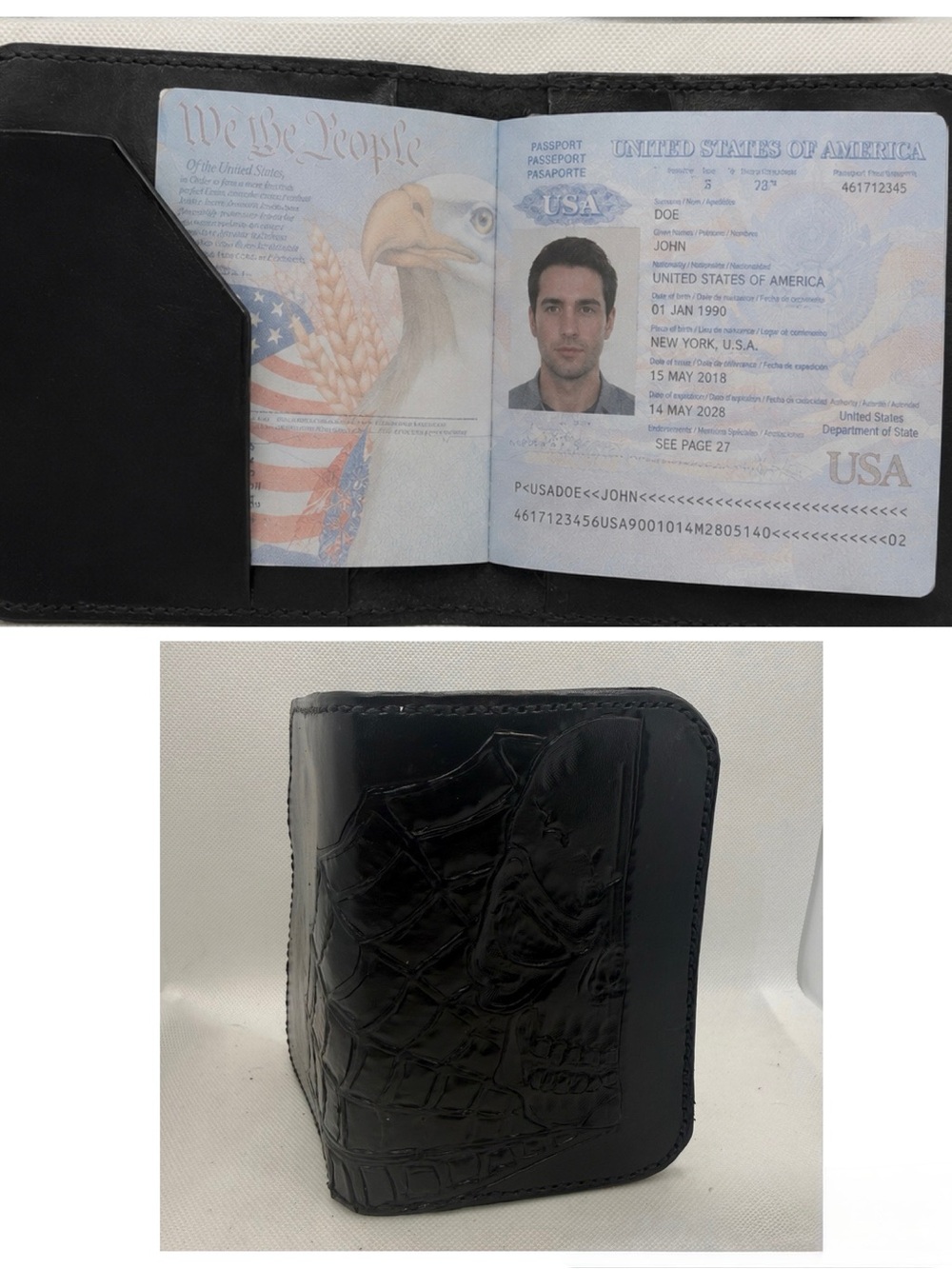 Handmade Black Leather Passport Holder, Skull & Spiderweb Tooled Design